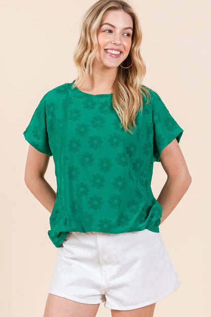 BOMBOM Textured Floral Pattern Short Sleeve T-Shirt.