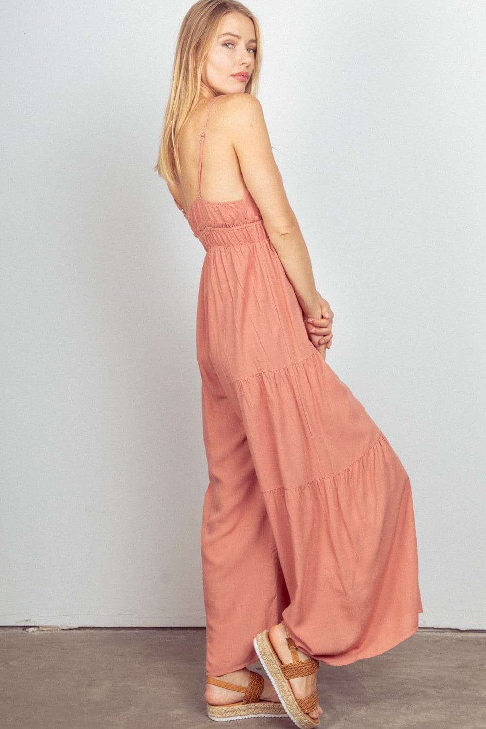 VERY J Sleeveless Ruched Wide Leg Jumpsuit.