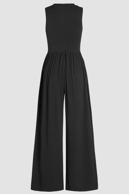 Chic black sleeveless jumpsuit with cinched waist and wide legs