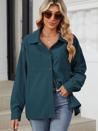 Chic Buttoned Long Sleeve Jacket with Dropped Shoulders