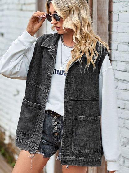 Button Front Sleeveless Denim Jacket.