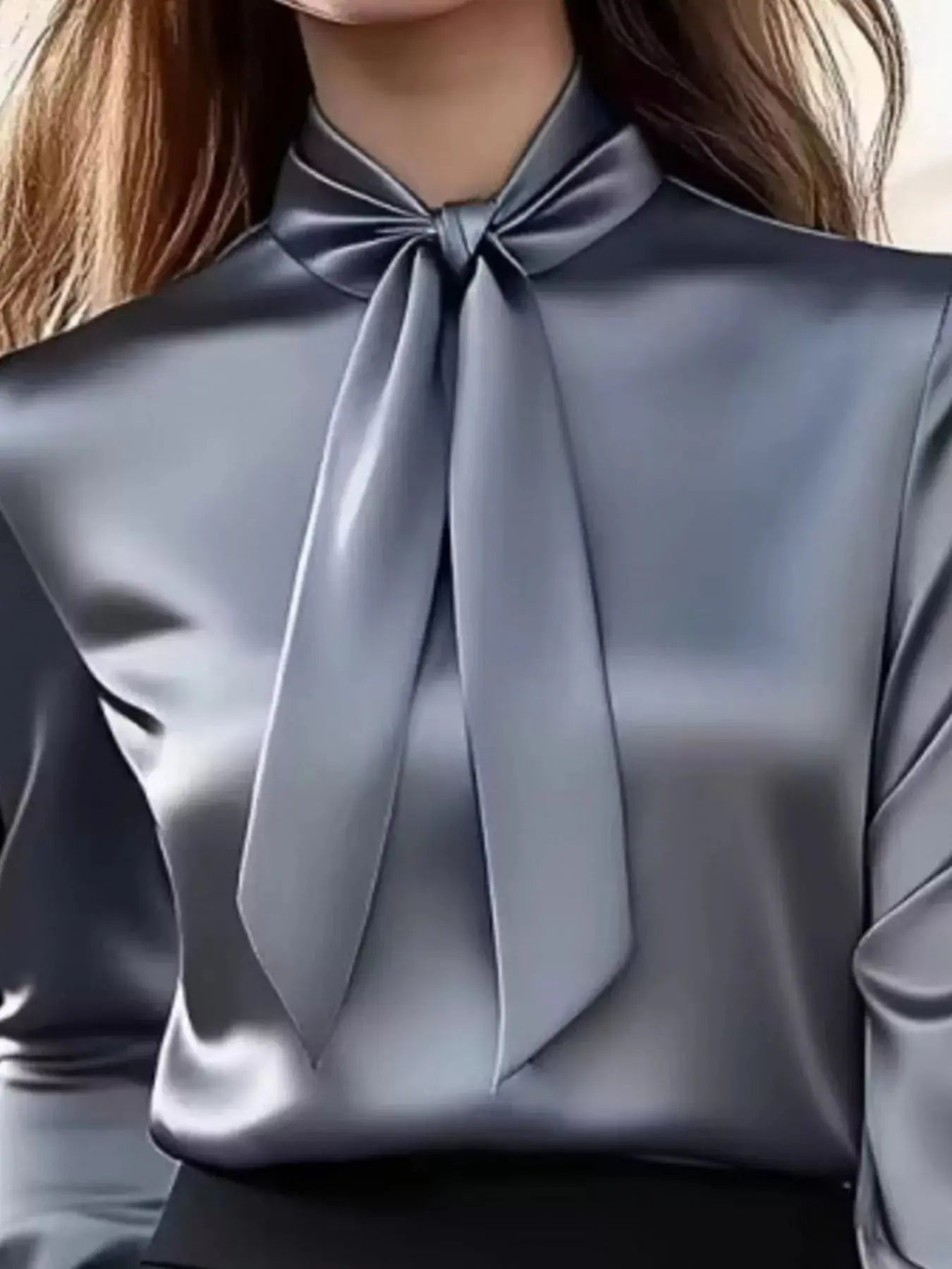Satin Bow Tie Long Sleeve Blouse Simply Love