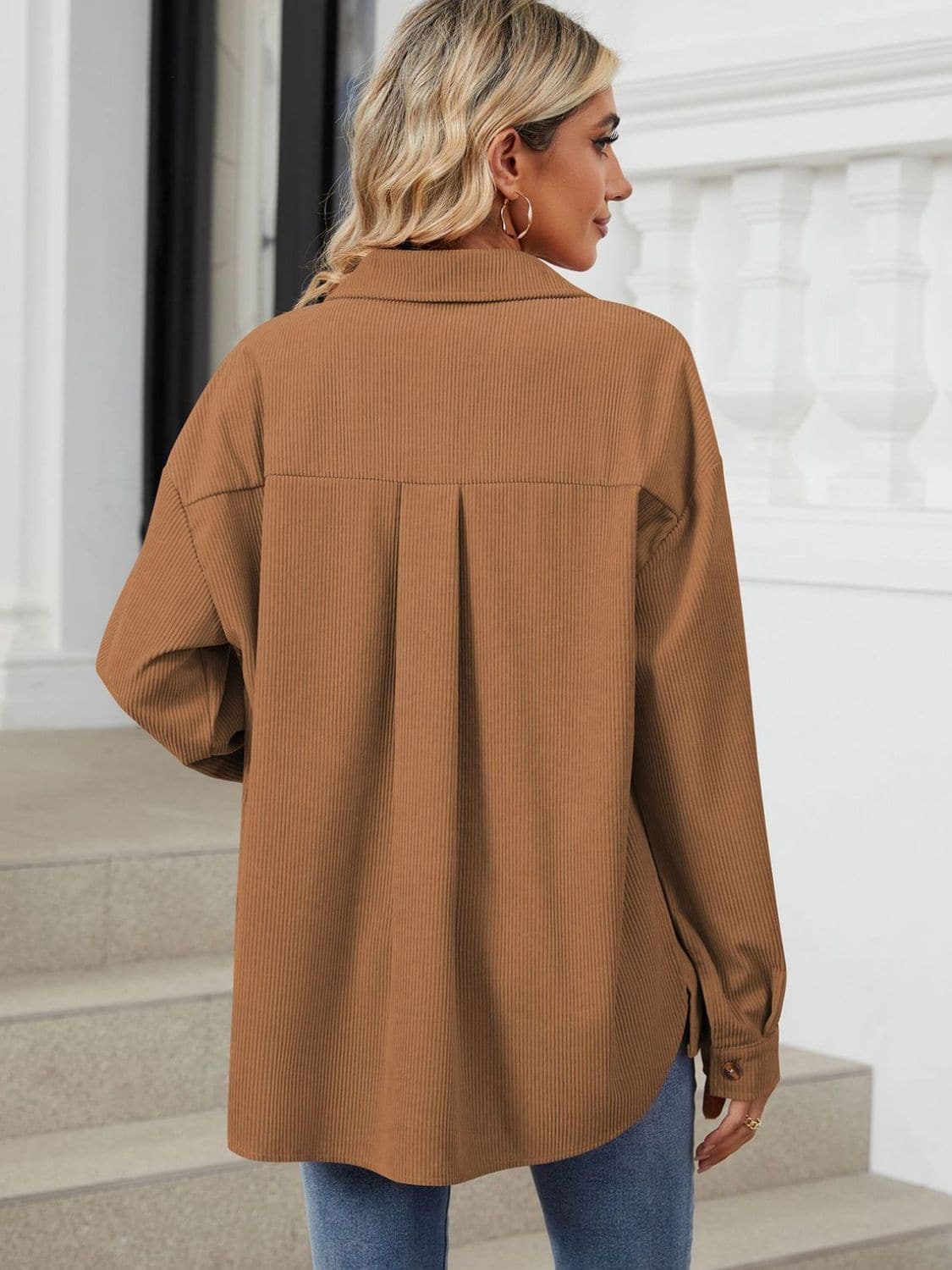 Chic Buttoned Long Sleeve Jacket with Dropped Shoulders