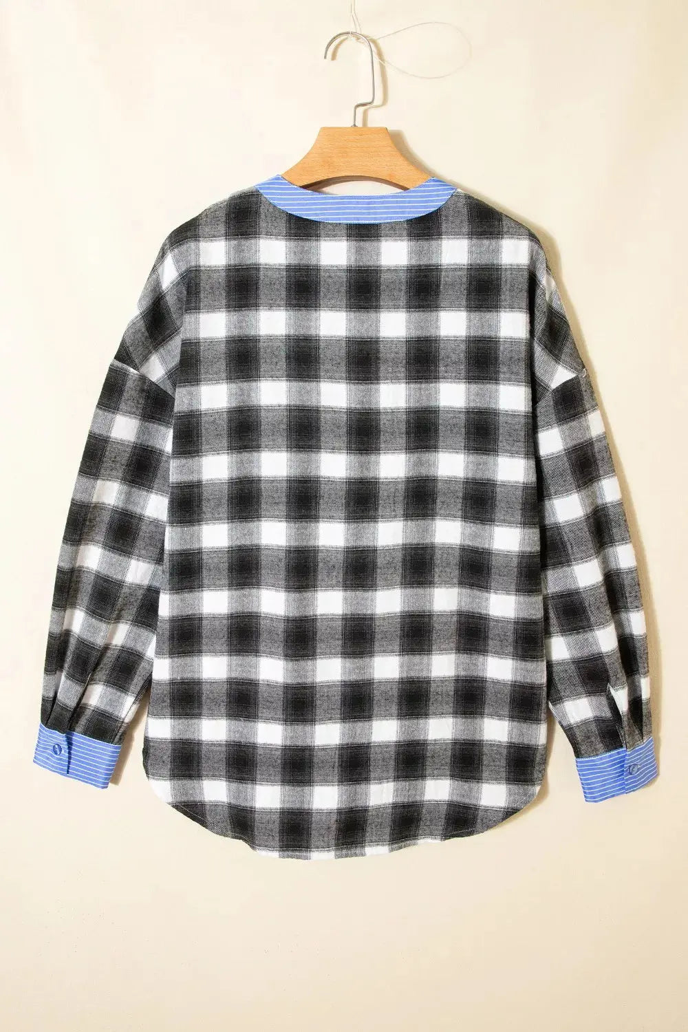 Contrast Striped Edge Half Placket Plaid Blouse Simply Love