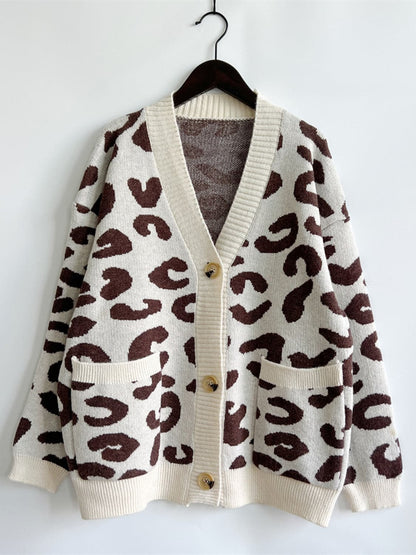 Leopard Button Front Cardigan with Pockets.