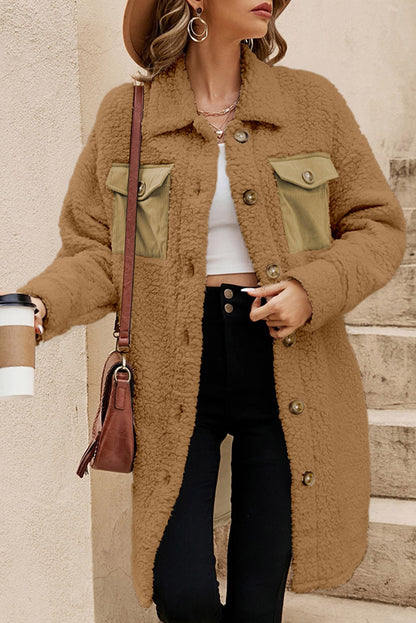 Khaki Single Breasted Teddy Coat with Contrast Flap Pockets