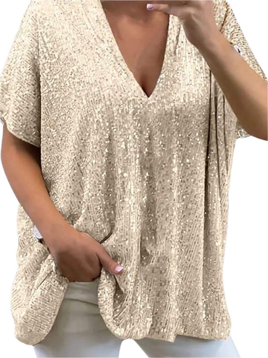 Full Size Sequin V-Neck Short Sleeve Top.