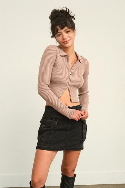 HYFVE Ribbed Double Zip Cropped Cardigan.