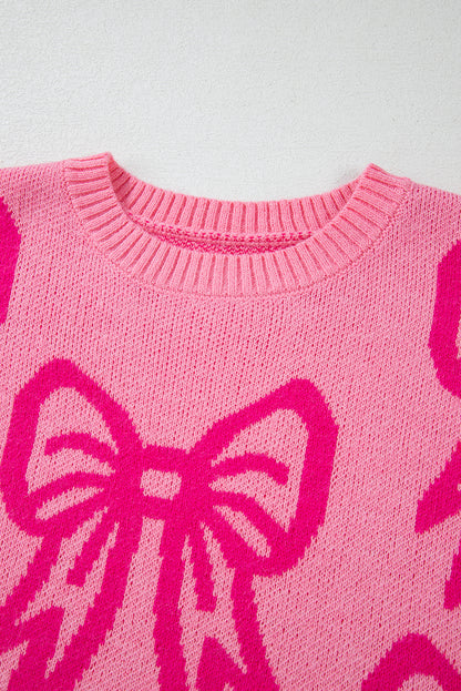 Feminine Pink Bow Print Loose Fit Sweater with Drop Shoulders