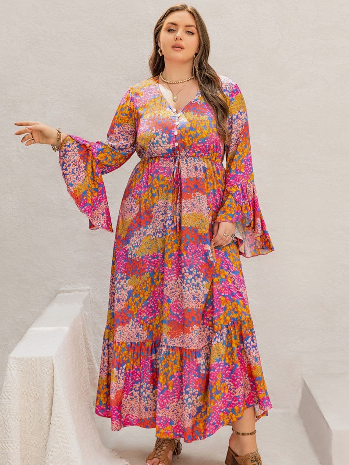 Plus Size Printed V-Neck Long Sleeve Maxi Dress.