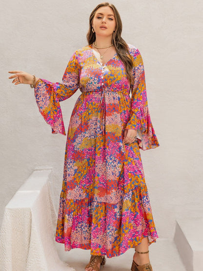 Plus Size Printed V-Neck Long Sleeve Maxi Dress.