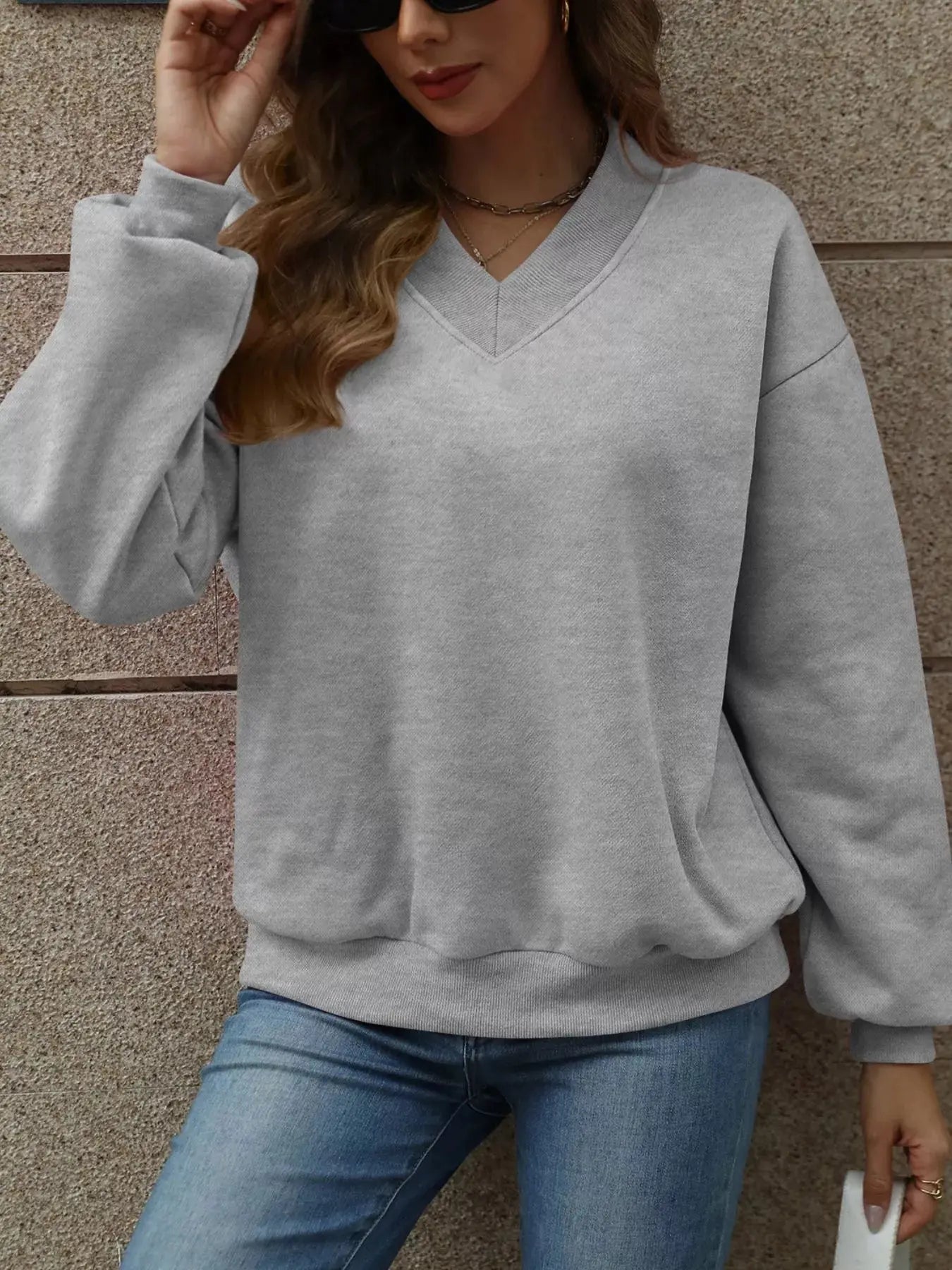 V-Neck Solid Color Casual Sweatshirt Simply Love