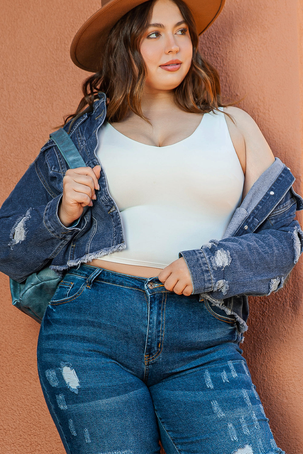 Chic dark blue plus size distressed denim jacket with flap pockets