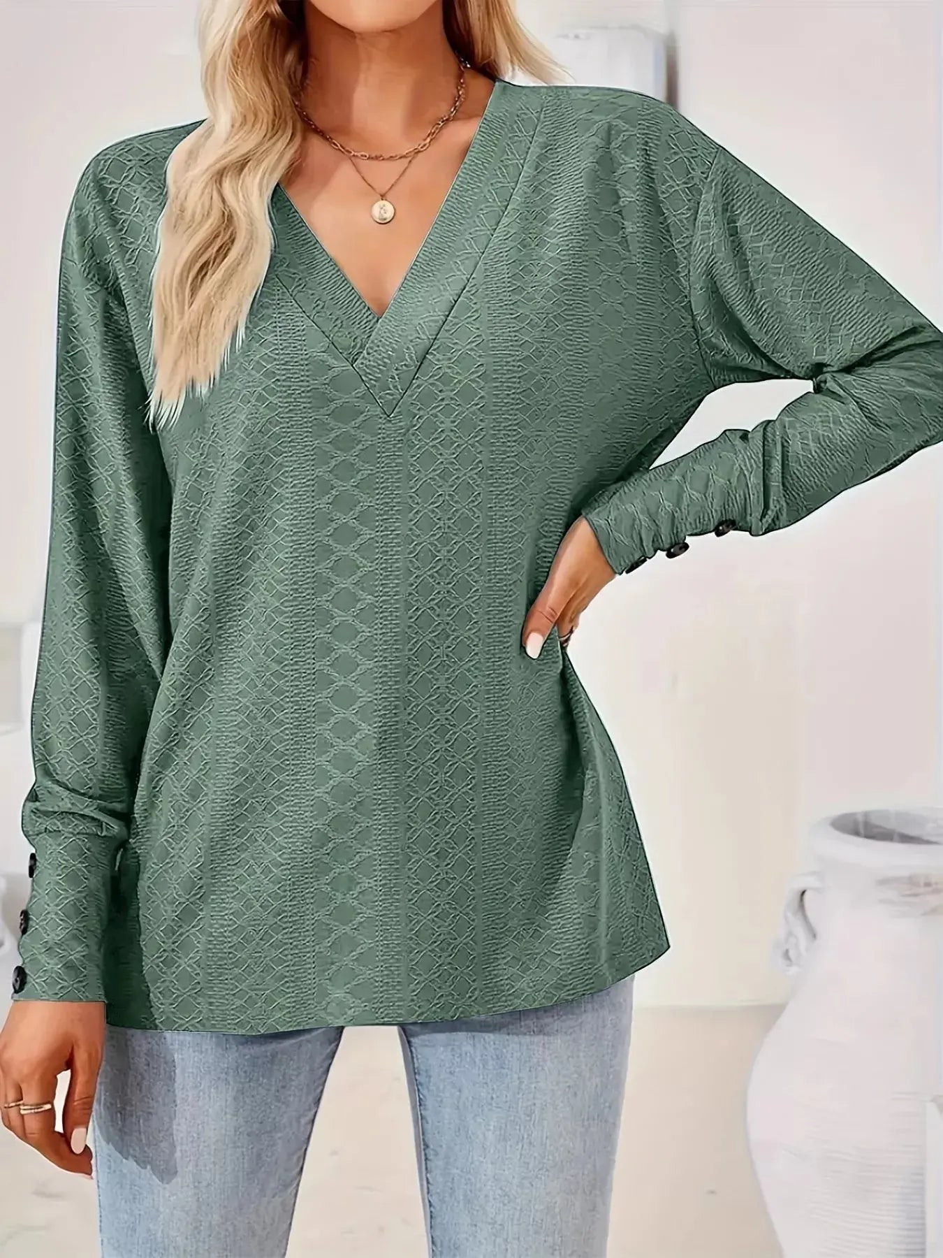 Plus Size V-Neck Textured Long Sleeve T-Shirt Simply Love