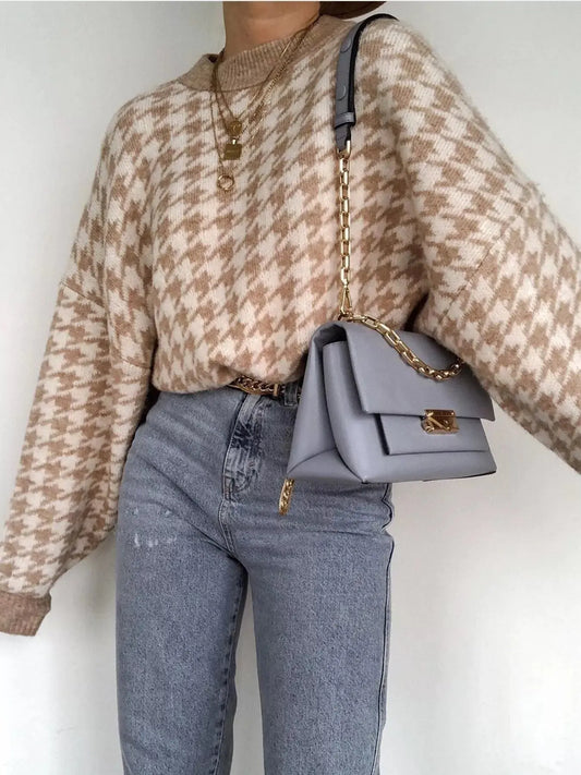 Full Size Houndstooth Pattern Oversized Sweater Plus Size Simply Love