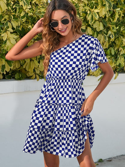 Checkered Single Shoulder Mini Dress.