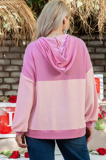 Chic pink corded colorblock patchwork hoodie for plus sizes