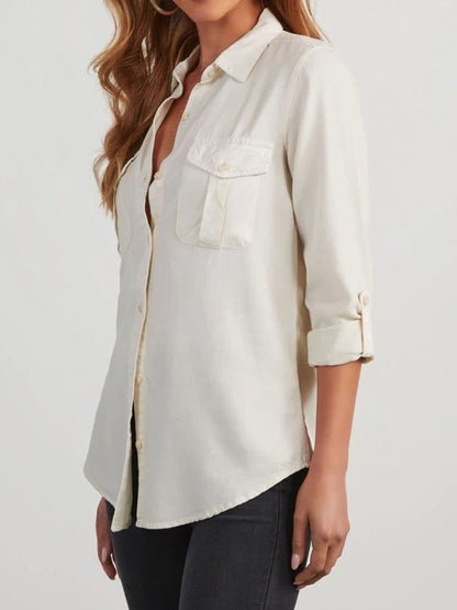 Chic collared denim top with roll-tab sleeves