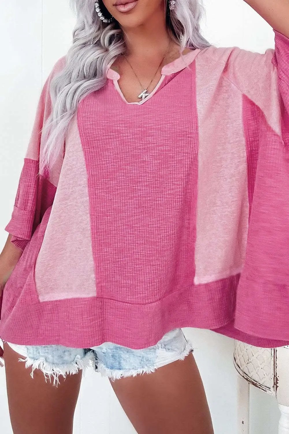 Bright Pink Textured Colorblock 3/4 Sleeve Oversize Top - Love Salve 