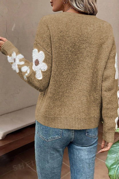 Flower Round Neck Long Sleeve Sweater.