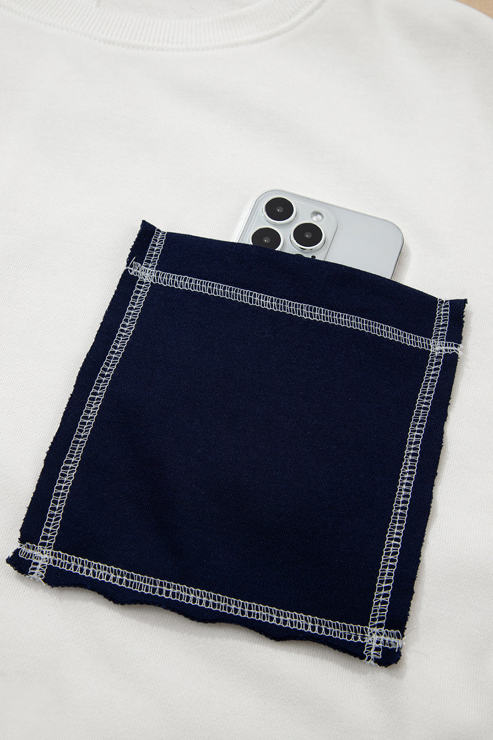 White Exposed Seam Detail Color Block Patch Pocket Drop Shoulder Sweatshirt Dear-Lover Dropshipping