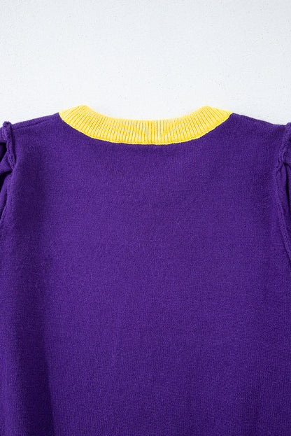 Glamorous purple sequin color block puff sleeve sweater