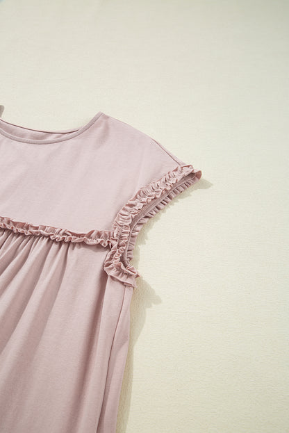 Oatmeal Frilled Trim Crew Neck Loose Fit Mini Dress Stylish