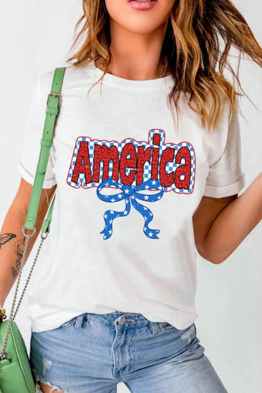 Funky America Letter Bow Round Neck T Shirt Simply Love