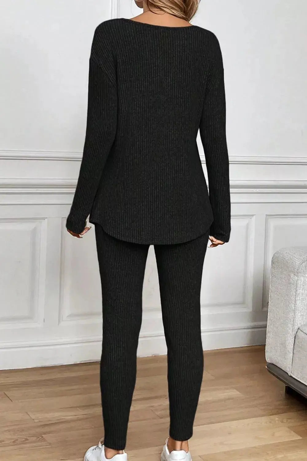Notched Long Sleeve Top and Pants Set Simply Love