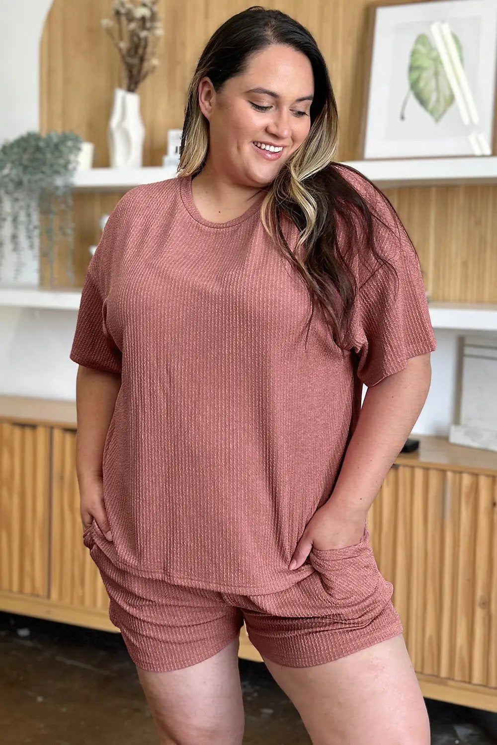 Double Take Full Size Round Neck Short Sleeve T-Shirt and Shorts Set - Love Salve