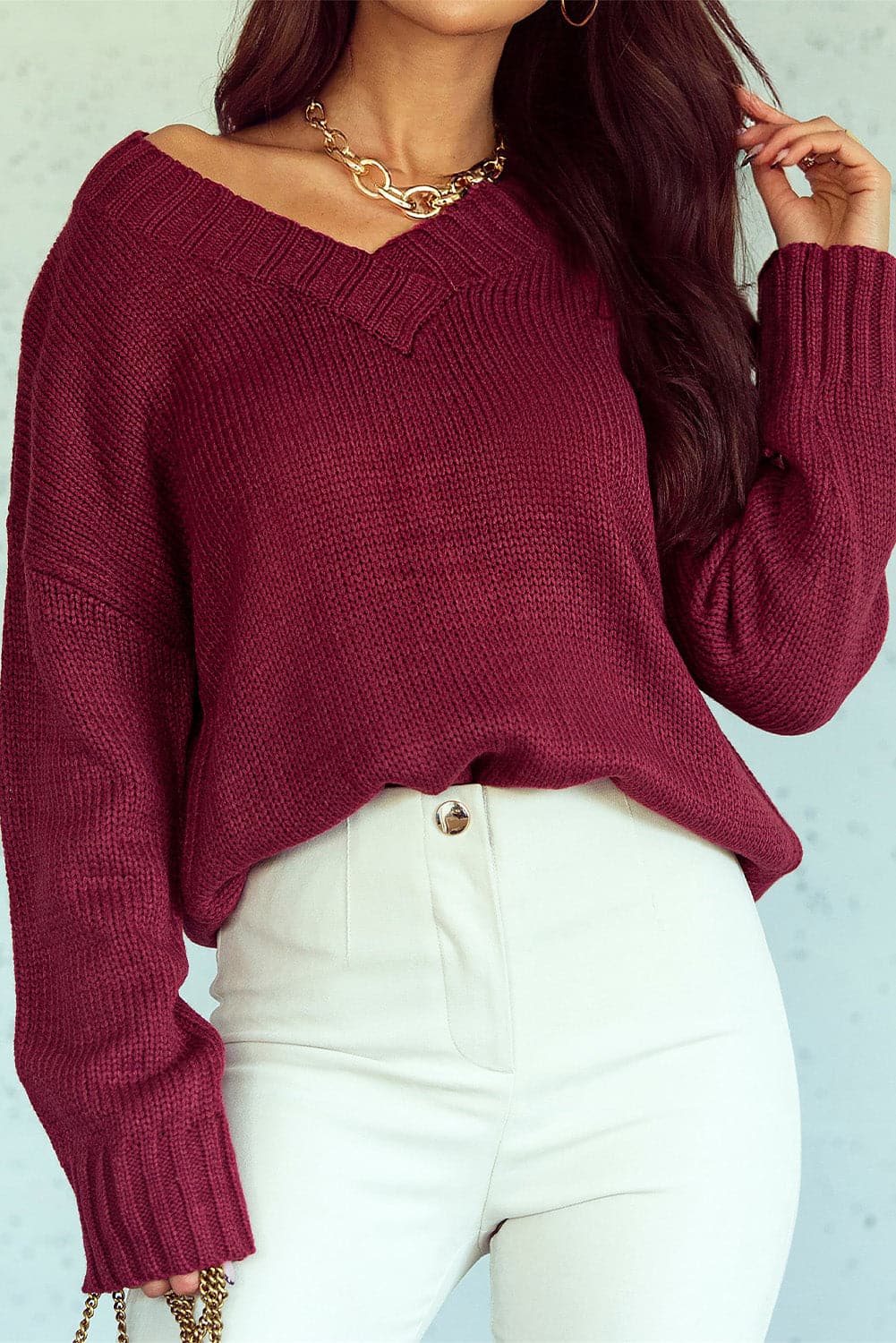 V-Neck Dropped Shoulder Sweater.