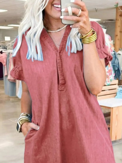 Full Size V-Neck Short Sleeve Denim Dress Plus Size