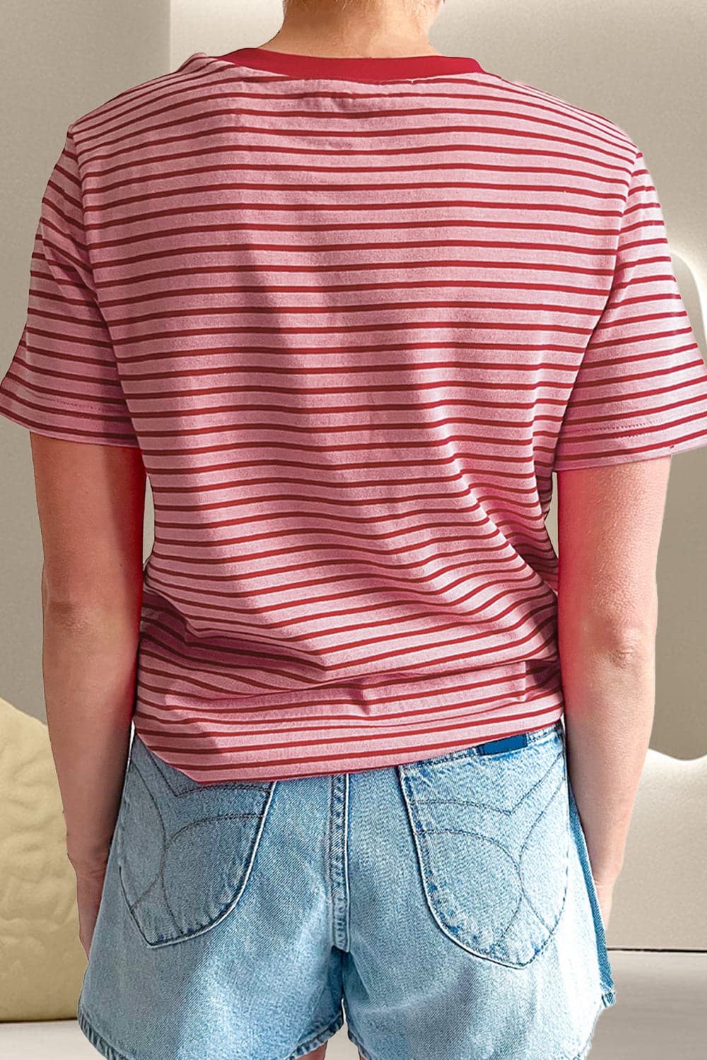 Striped Round Neck Short Sleeve T-Shirt.