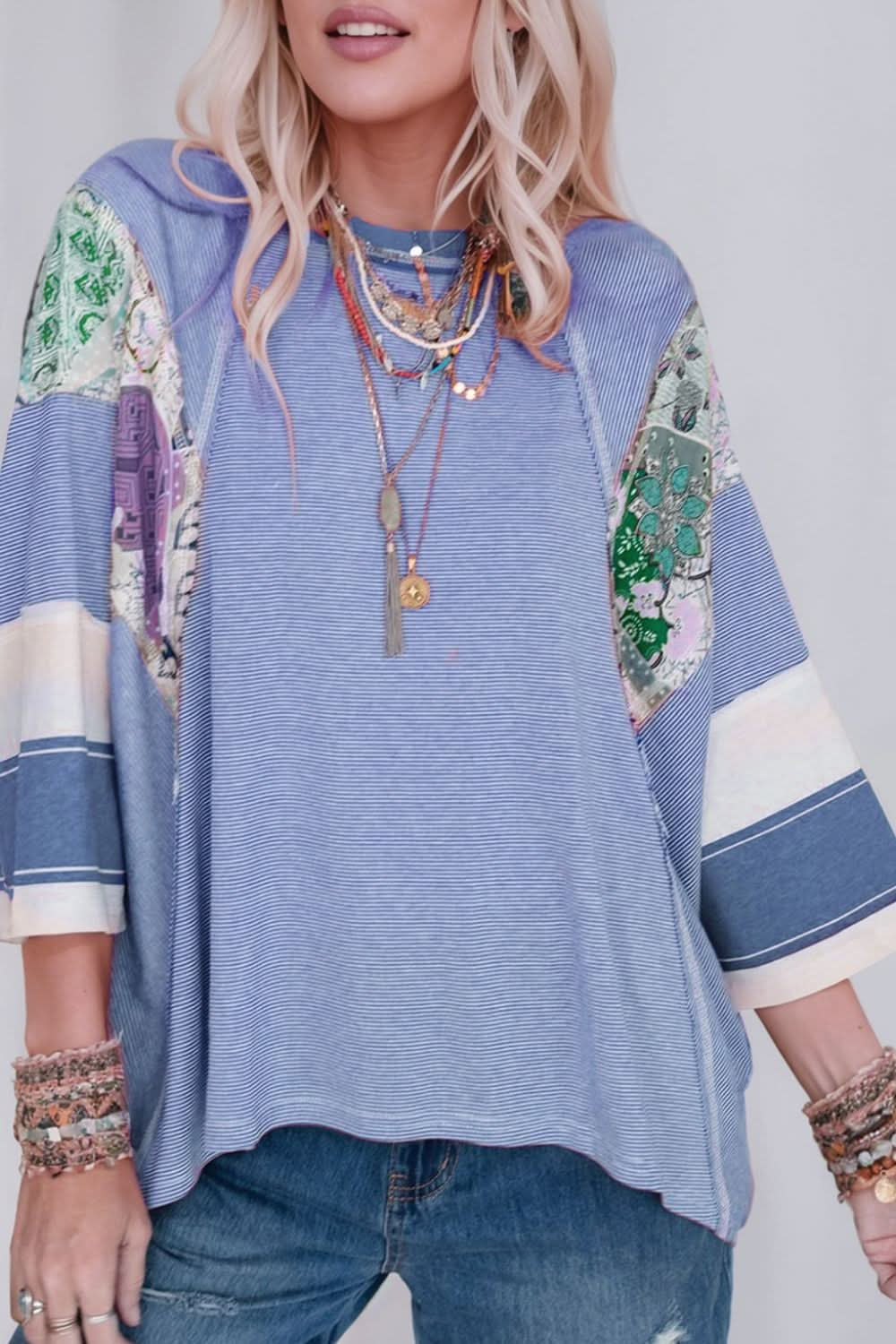 Floral Striped Patchwork Round Neck Blouse