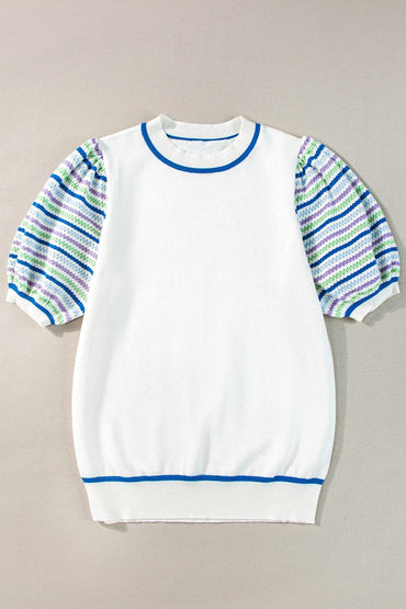 Round Neck Striped Half Sleeve Knit Top.