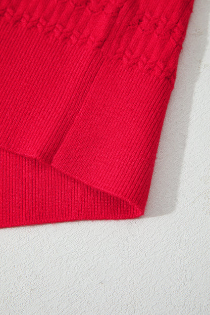 Fiery Red Trendy Print Knit Ribbed Cuffs Crew Neck Sweater