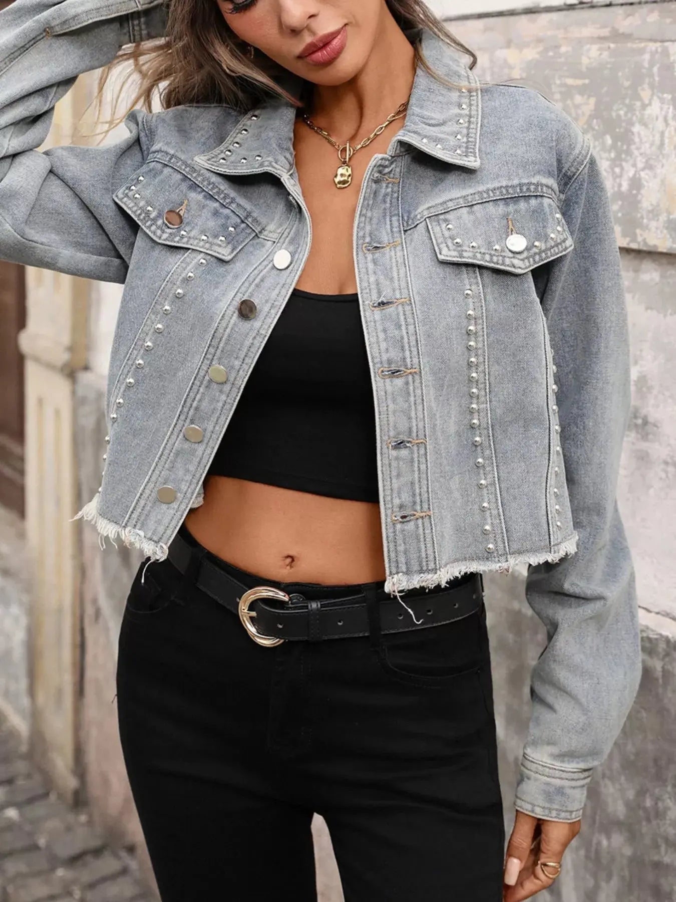 Studded Raw Hem Denim Jacket Simply Love
