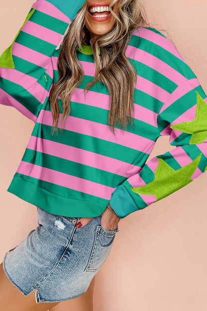 Pink Stripe Star Patchwork Round Neck Pullover Sweatshirt with trendy design and relaxed fit.