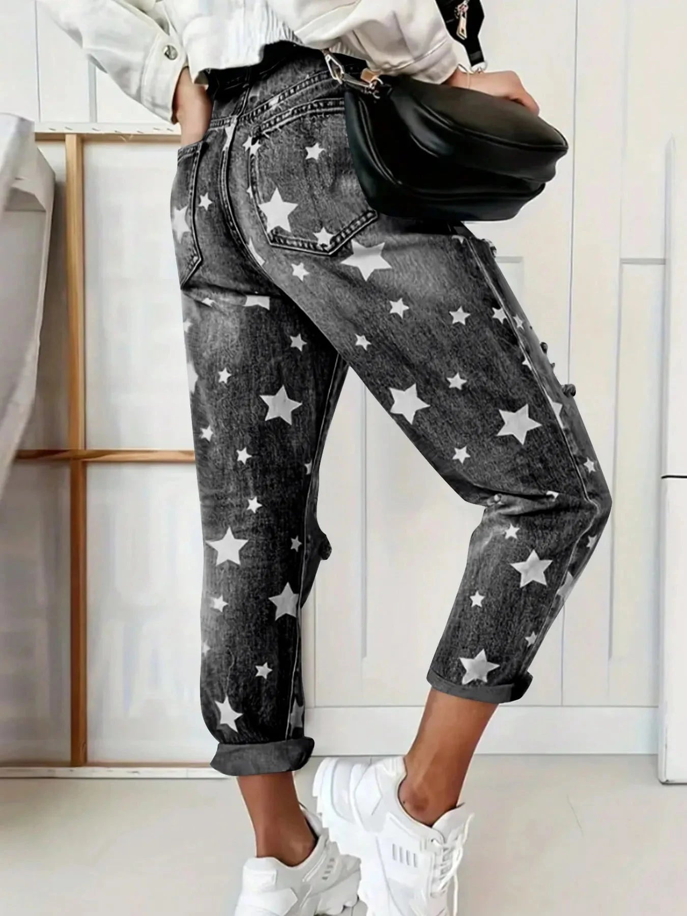 Star Print Distressed High Waist Boyfriend Jeans Coco’s Tee Boutique