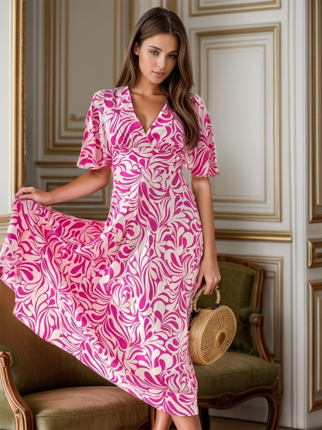 Printed Surplice Half Sleeve Midi Dress.