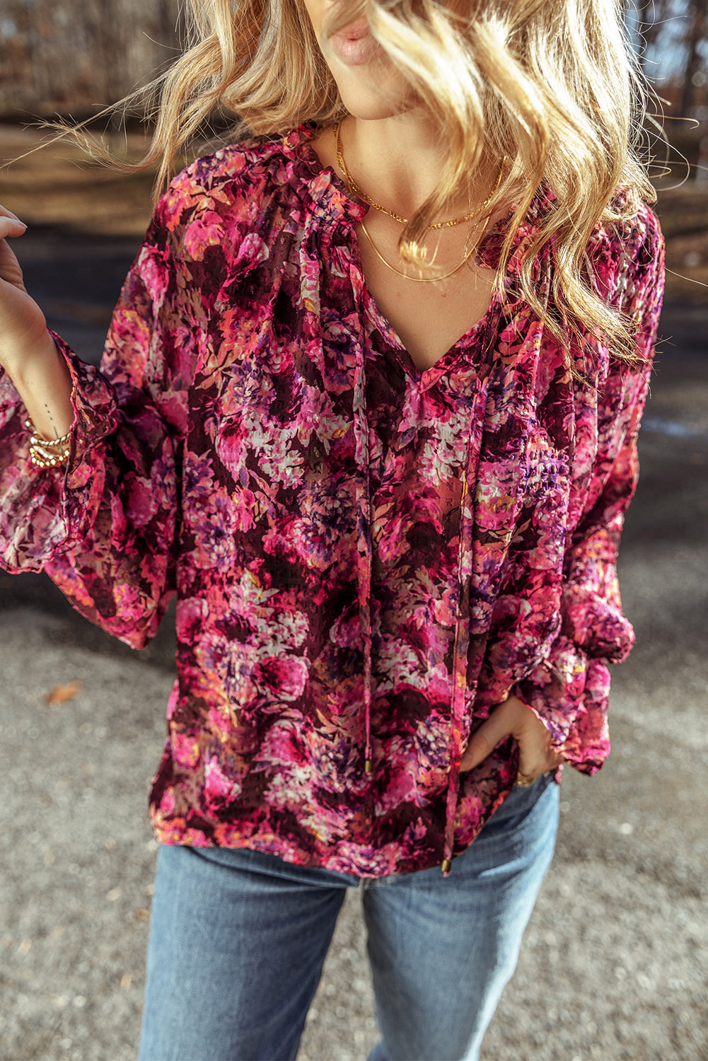 Chic rose red floral ruffled blouse with drawstring detail