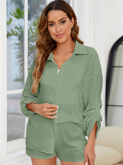 Button Up Long Sleeve Top and Shorts Set.