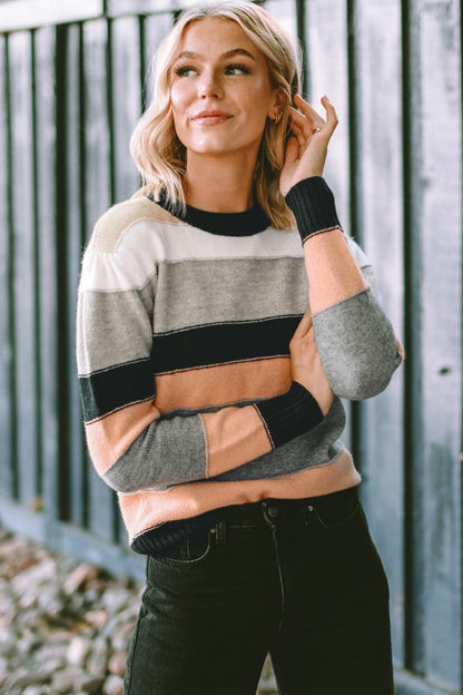 Striped Round Neck Long Sleeve Sweater.