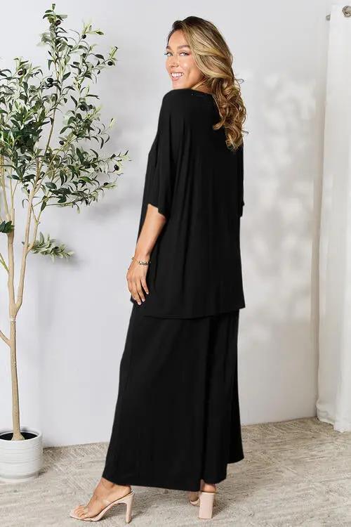 Double Take Full Size Round Neck Slit Top and Pants Set - Love Salve
