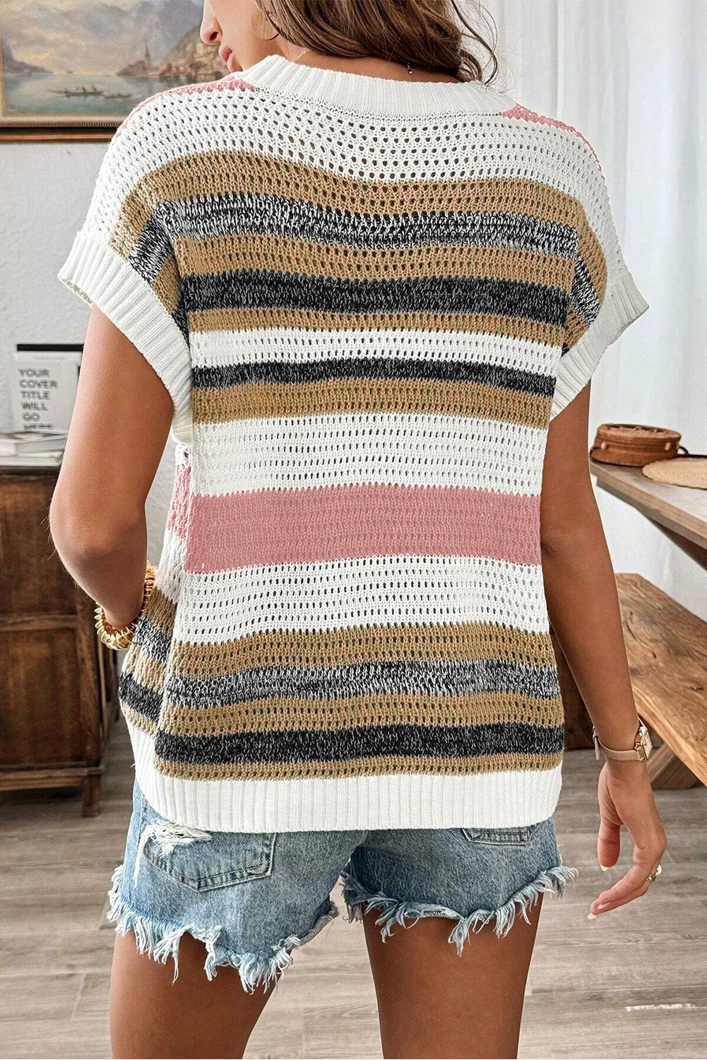 Pink Striped Color Block Eyelet Knit Short Sleeve Tee