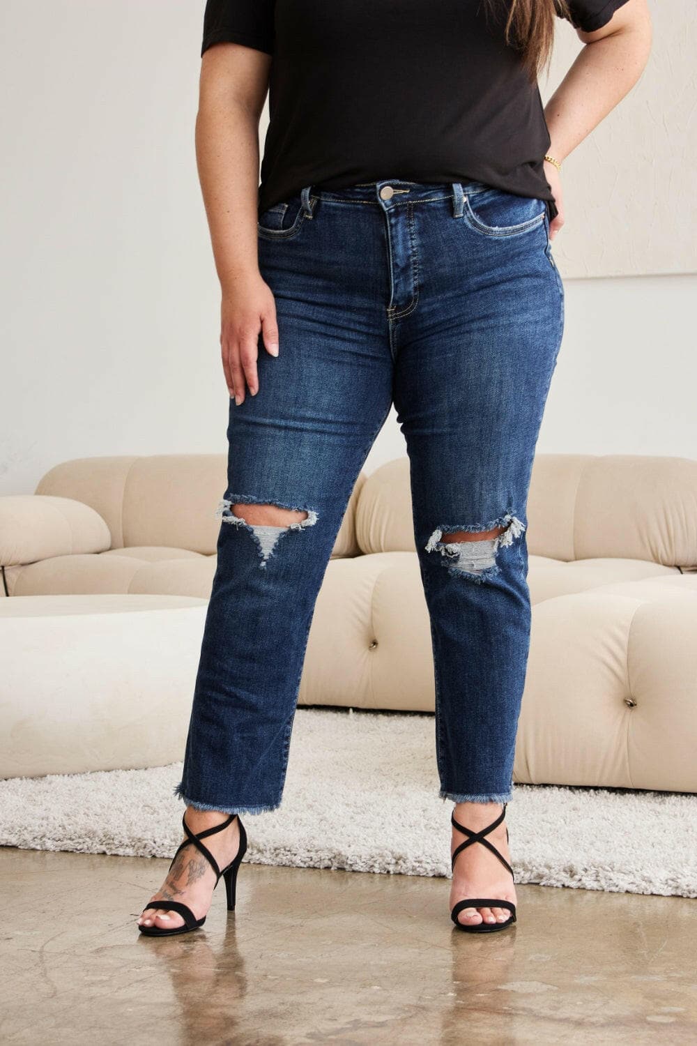 RFM Full Size Tummy Control Distressed High Waist Raw Hem Jeans.