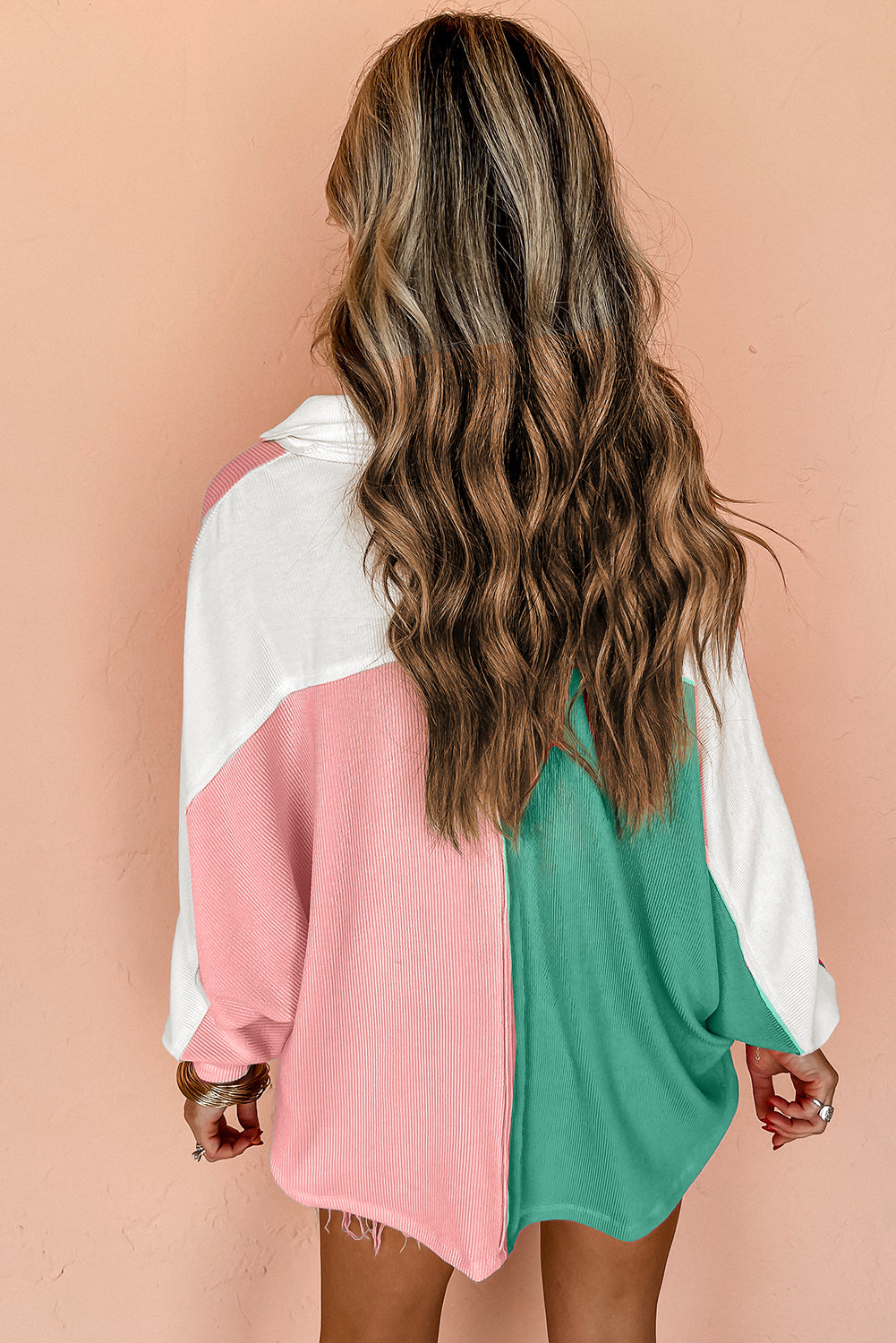 Pink Colorblock Ribbed Collared Oversized Sweatshirt