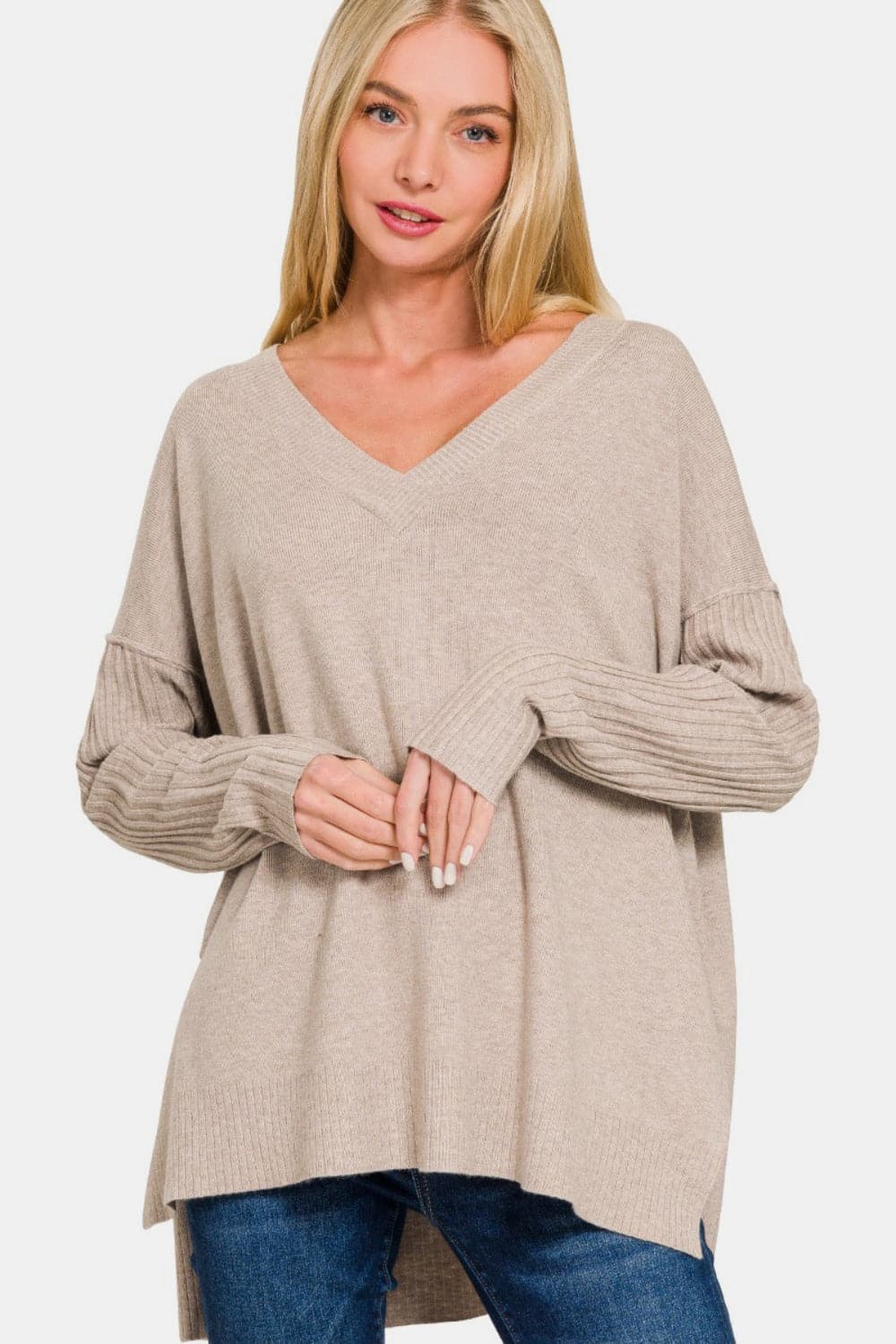 Chic V-neck high-low sweater with side slits