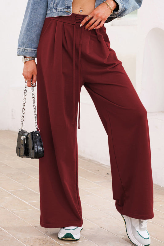 Burgundy Tied Elastic High Waist Pleated Detail Sweatpants For Women Dear-Lover Dropshipping