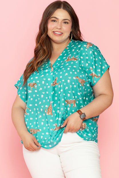 Wild elegance: Green cheetah print plus-size top with V neck